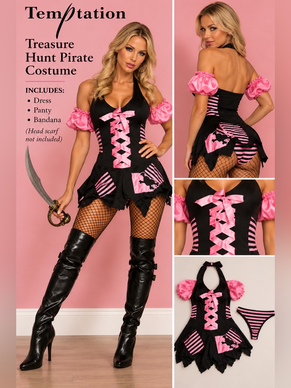 Temptations Black and Pink Pirate Costume with Bandana